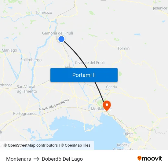 Montenars to Doberdò Del Lago map