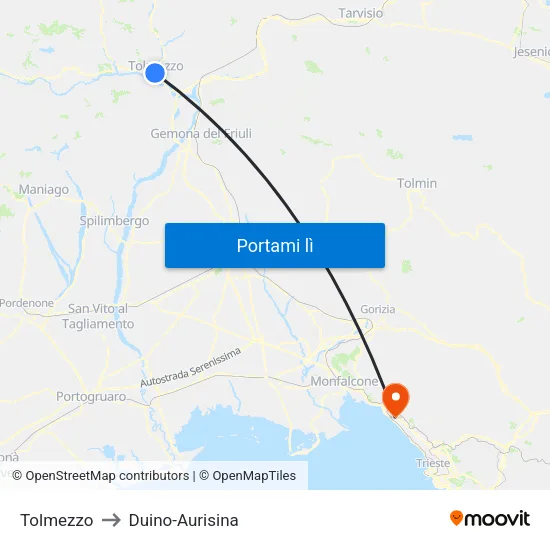Tolmezzo to Duino-Aurisina map