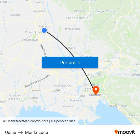 Udine to Monfalcone map