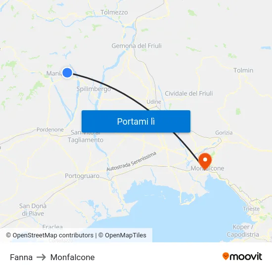 Fanna to Monfalcone map