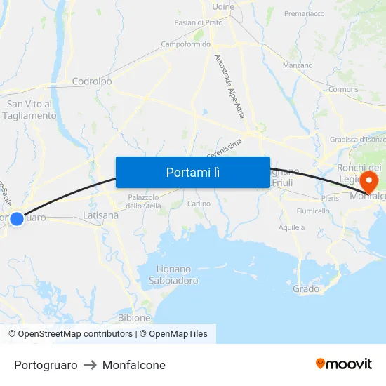Portogruaro to Monfalcone map