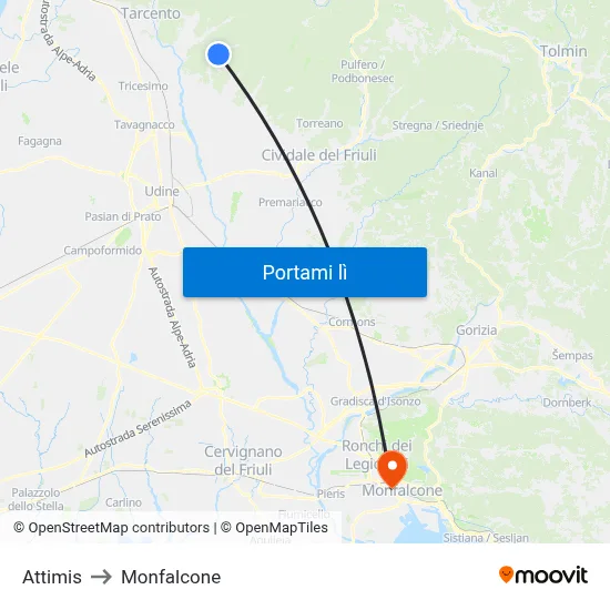 Attimis to Monfalcone map