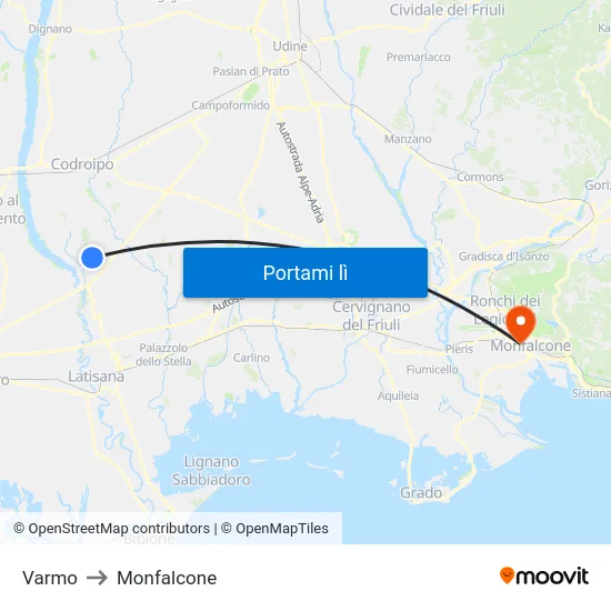 Varmo to Monfalcone map