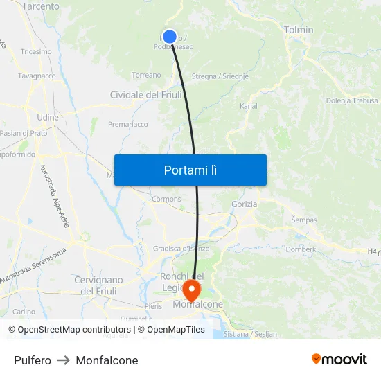 Pulfero to Monfalcone map