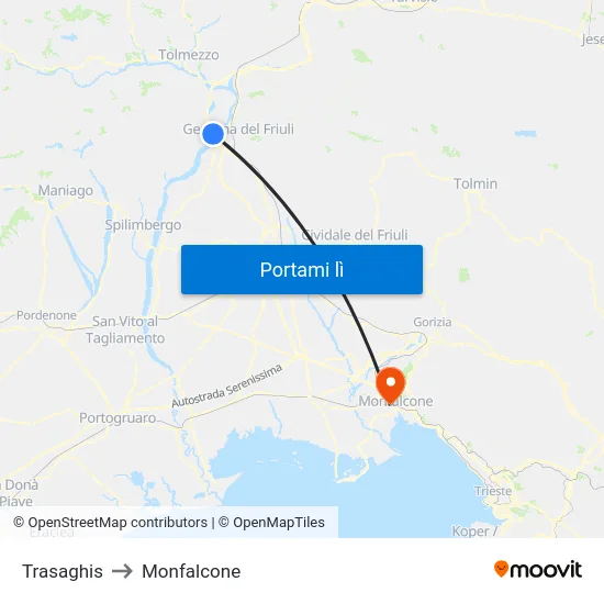 Trasaghis to Monfalcone map