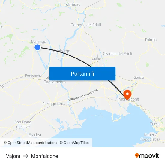 Vajont to Monfalcone map