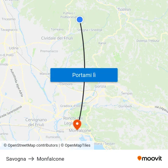 Savogna to Monfalcone map