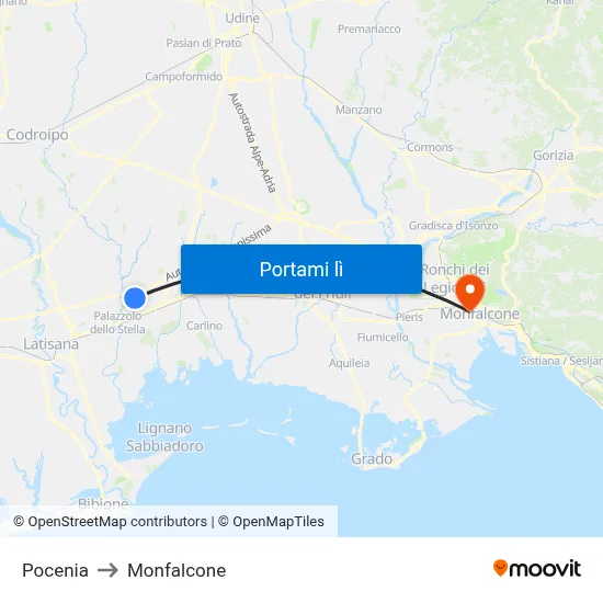 Pocenia to Monfalcone map