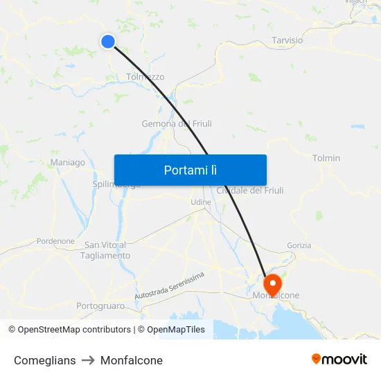 Comeglians to Monfalcone map