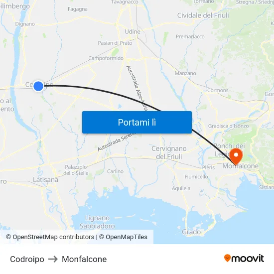 Codroipo to Monfalcone map