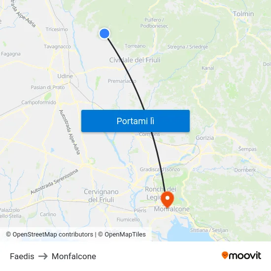 Faedis to Monfalcone map