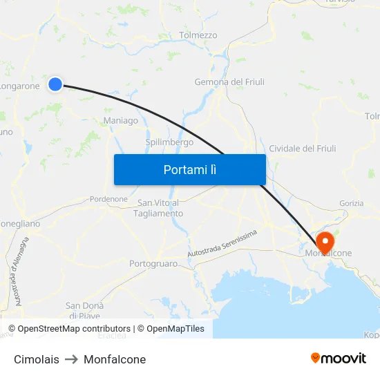 Cimolais to Monfalcone map