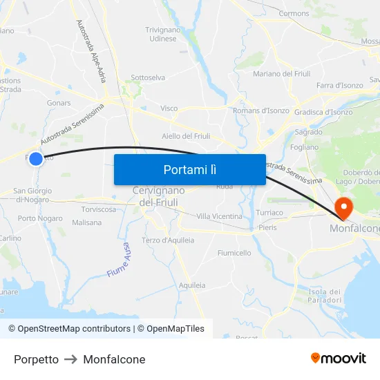 Porpetto to Monfalcone map