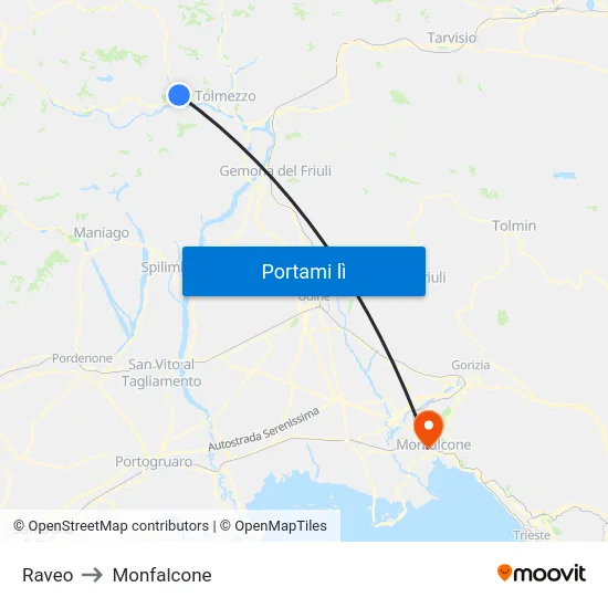 Raveo to Monfalcone map