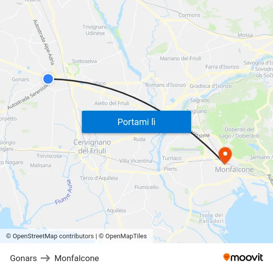 Gonars to Monfalcone map