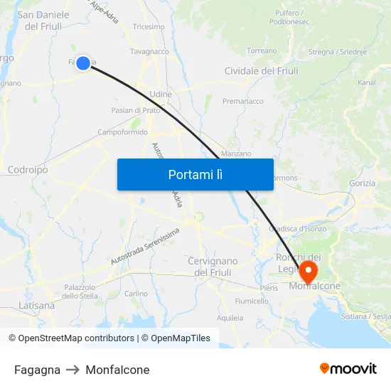 Fagagna to Monfalcone map