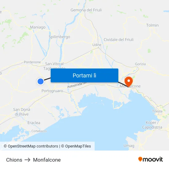 Chions to Monfalcone map