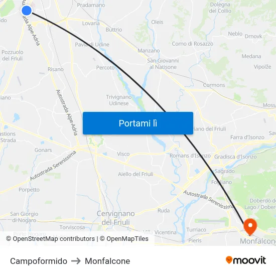 Campoformido to Monfalcone map
