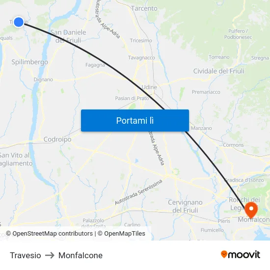 Travesio to Monfalcone map
