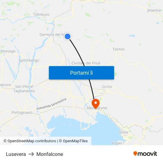 Lusevera to Monfalcone map