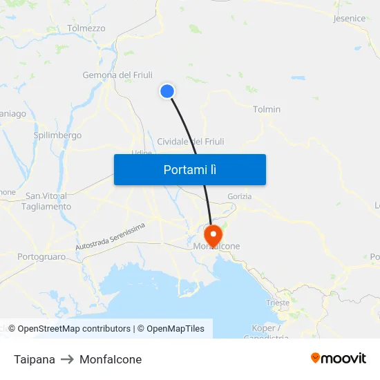 Taipana to Monfalcone map