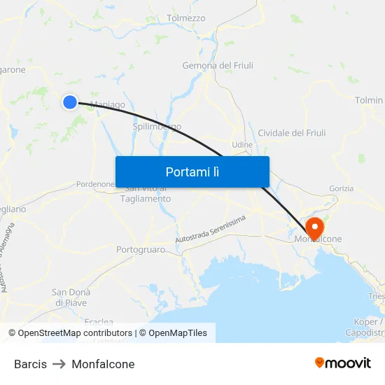 Barcis to Monfalcone map