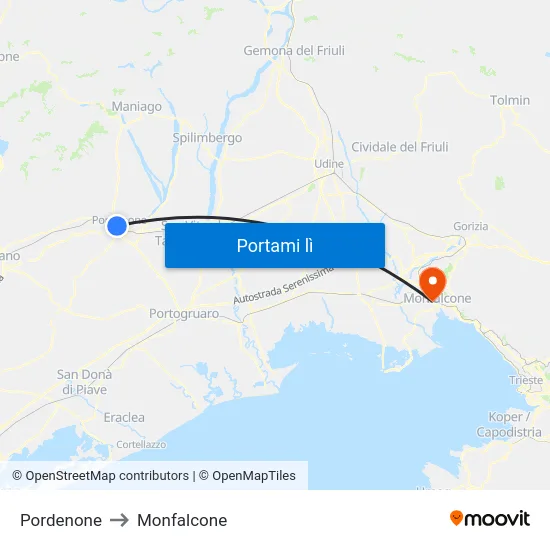 Pordenone to Monfalcone map