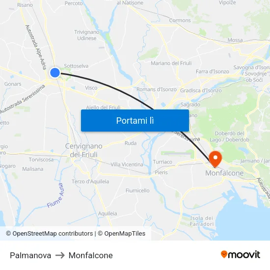Palmanova to Monfalcone map