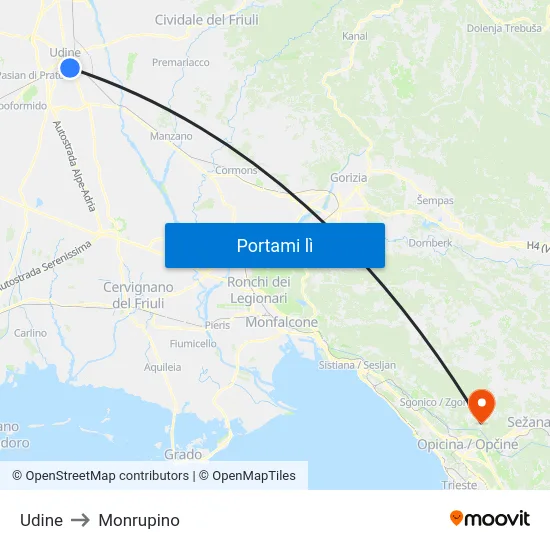 Udine to Monrupino map