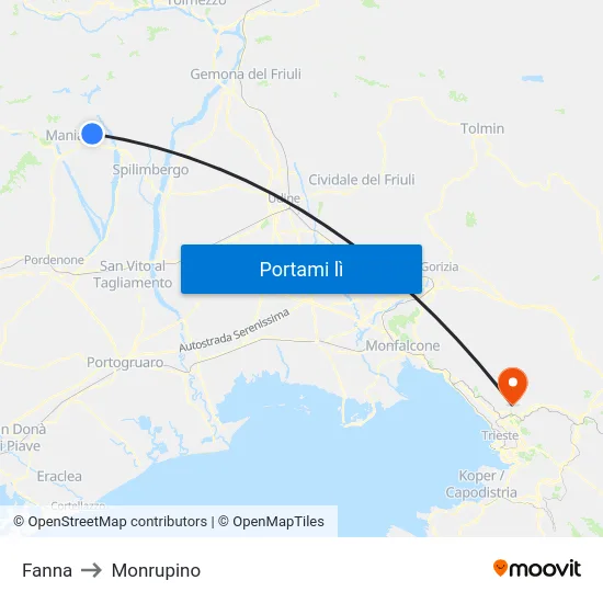 Fanna to Monrupino map