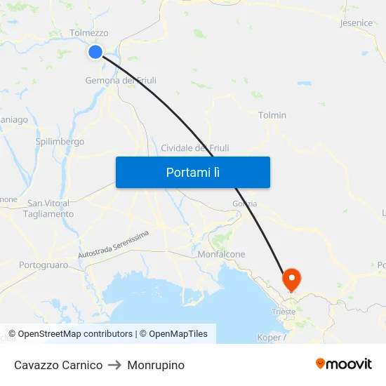 Cavazzo Carnico to Monrupino map