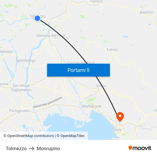 Tolmezzo to Monrupino map