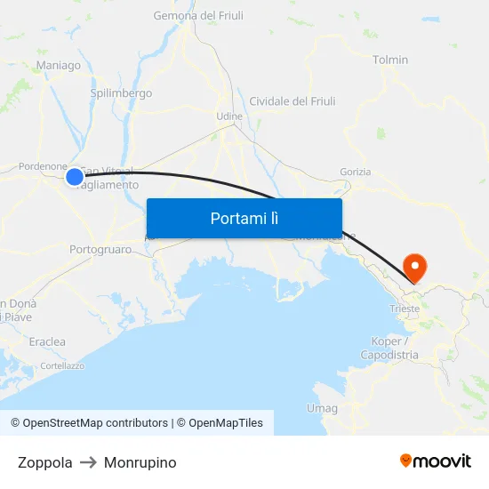 Zoppola to Monrupino map