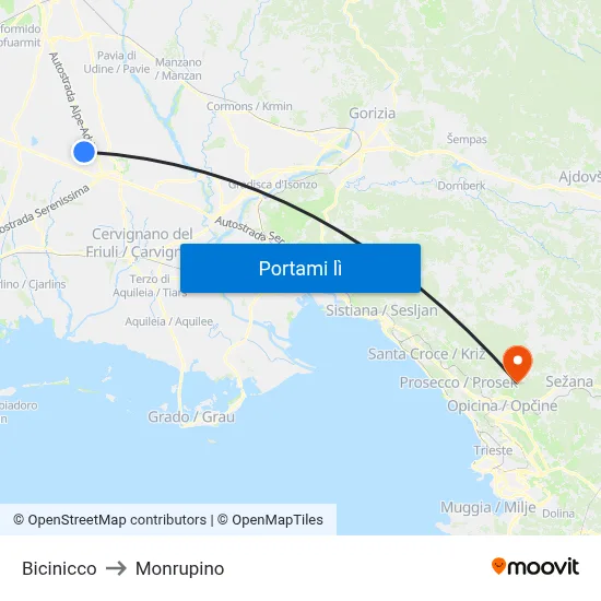 Bicinicco to Monrupino map