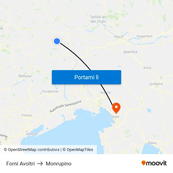 Forni Avoltri to Monrupino map