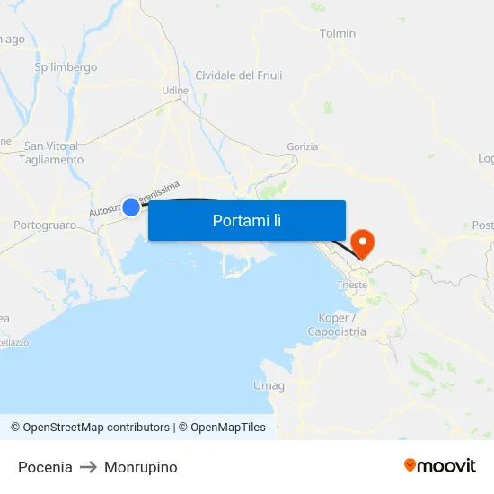 Pocenia to Monrupino map