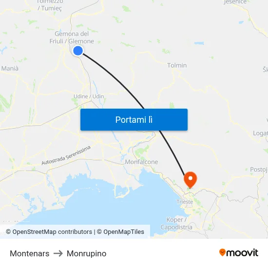 Montenars to Monrupino map