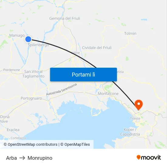 Arba to Monrupino map