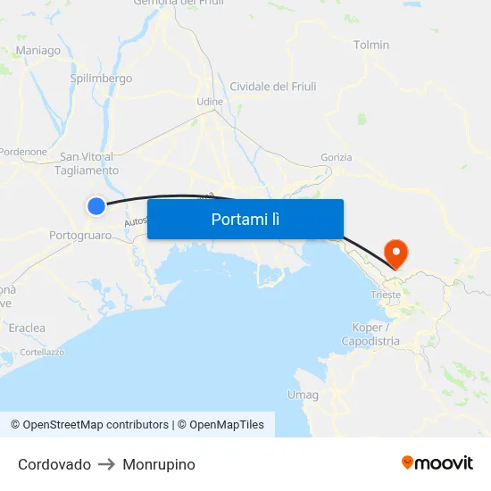 Cordovado to Monrupino map