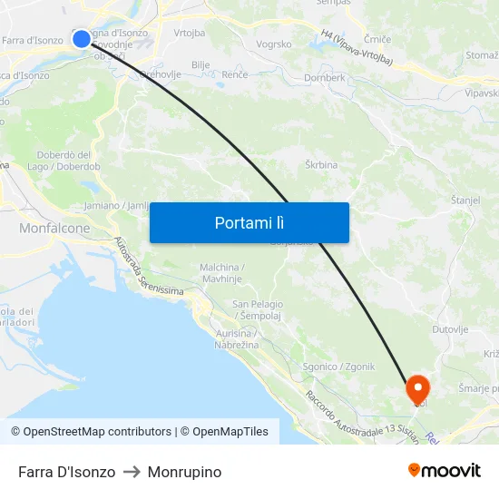 Farra D'Isonzo to Monrupino map