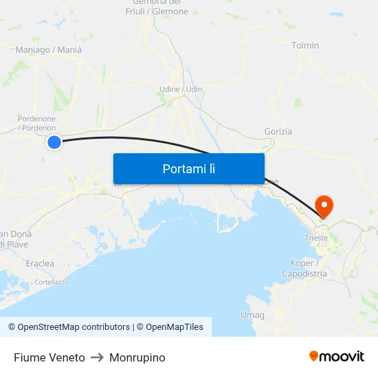 Fiume Veneto to Monrupino map