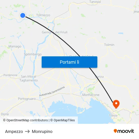Ampezzo to Monrupino map