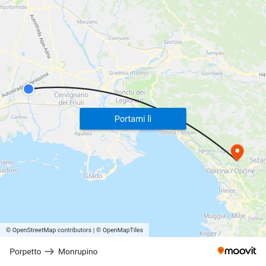 Porpetto to Monrupino map