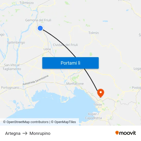 Artegna to Monrupino map
