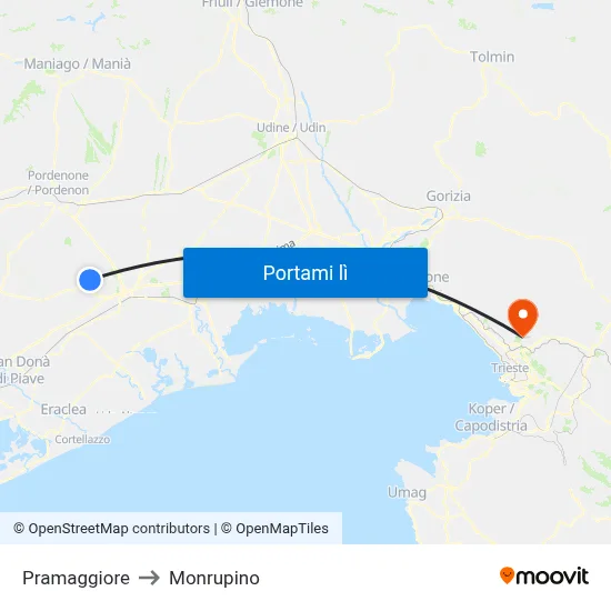 Pramaggiore to Monrupino map