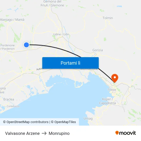 Valvasone Arzene to Monrupino map