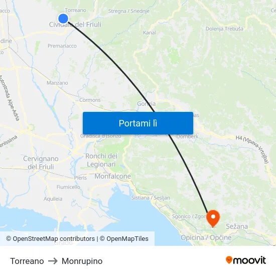 Torreano to Monrupino map