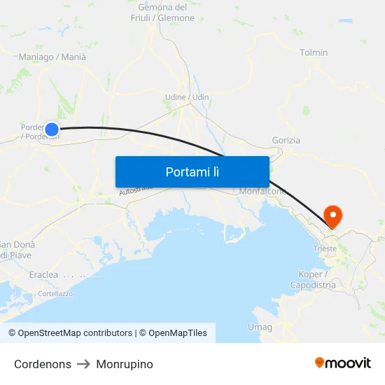 Cordenons to Monrupino map