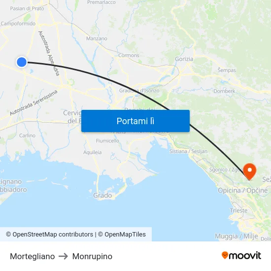 Mortegliano to Monrupino map