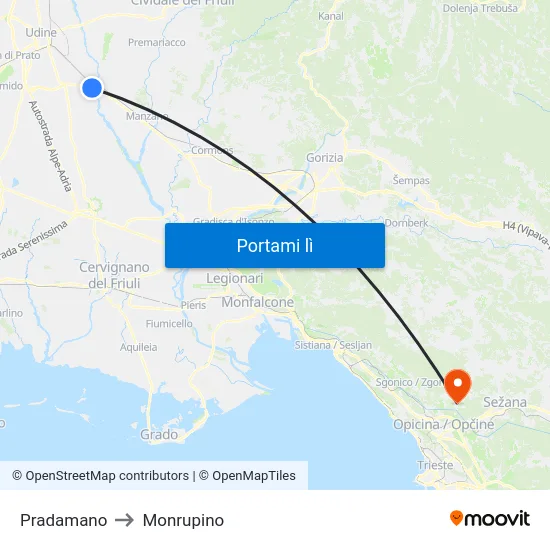 Pradamano to Monrupino map